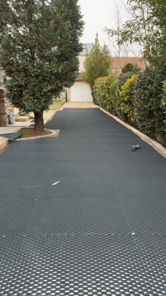 Préparation d’une allée de garage avec dalles alvéolées en Essonne